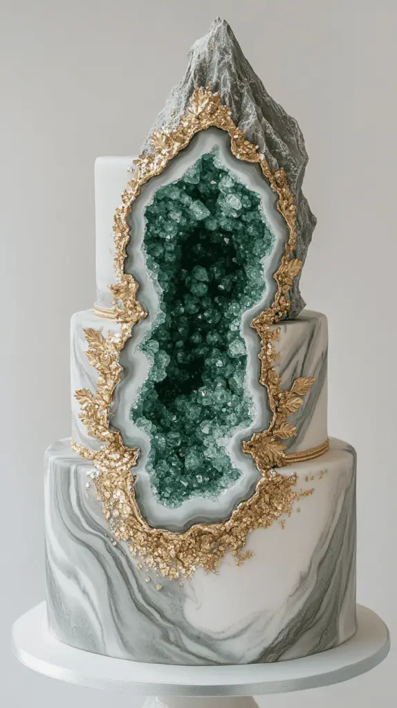 Three-tier winter wedding cake with smooth white fondant, large amethyst geode