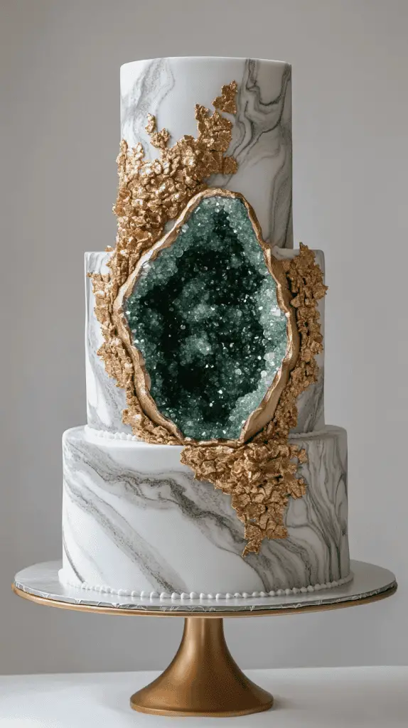Three-tier winter wedding cake with smooth white fondant, large amethyst geode