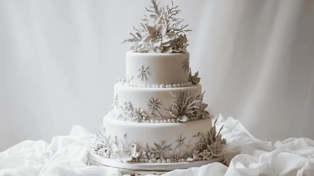 Full three-tier winter wonderland wedding cake in smooth white fondant with silver snowflakes