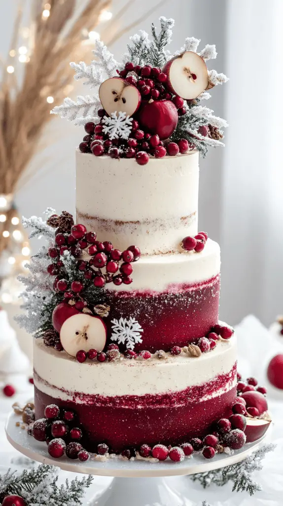 Three-tier holiday spice cake in alternating burgundy and cream buttercream layers
