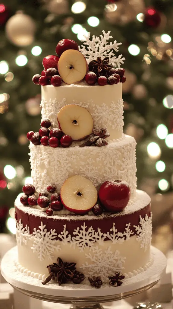 Three-tier holiday spice cake in alternating burgundy and cream buttercream layers