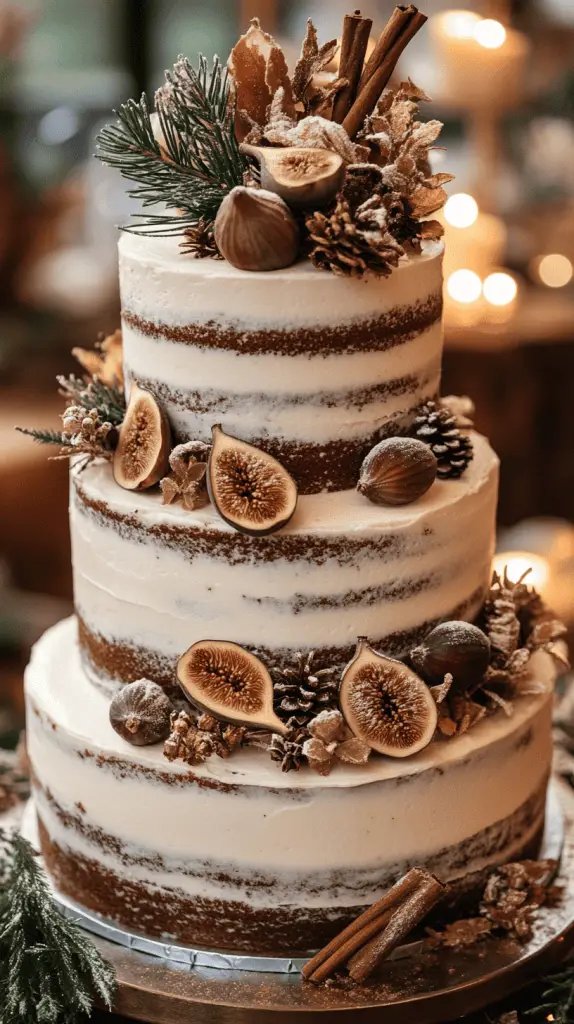 Three-tier holiday spice cake in alternating burgundy and cream buttercream layers