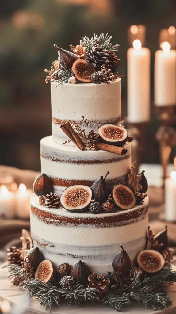 Three-tier holiday spice cake in alternating burgundy and cream buttercream layers