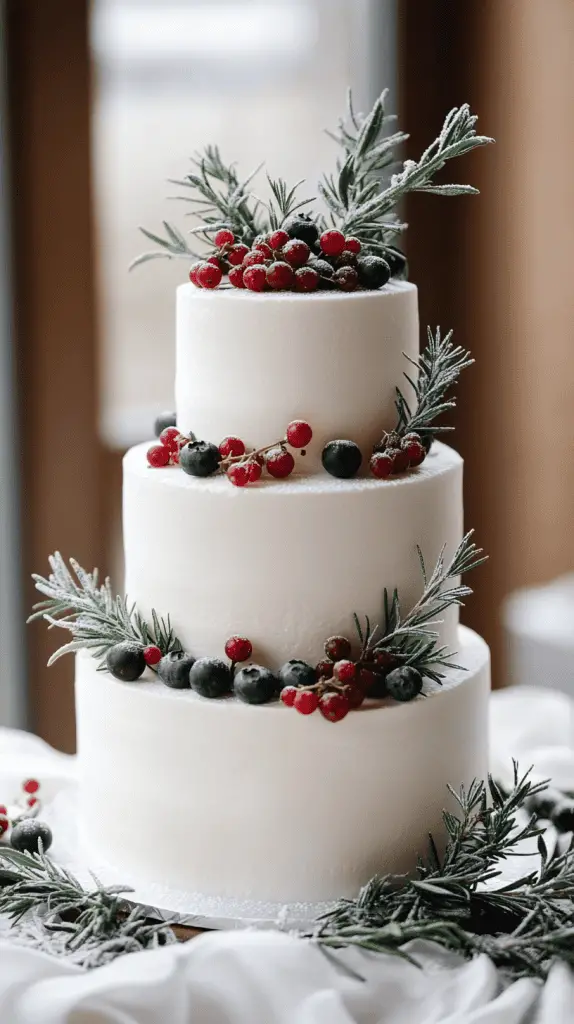 Three-tier winter wedding cake with white buttercream icing, topped with frosted cranberries and blueberries