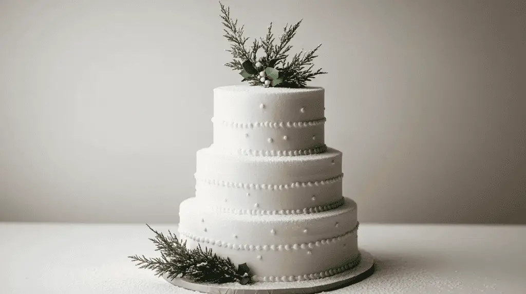 Three-tier minimalist winter wedding cake in matte white fondant, lightly dusted with powdered sugar to mimic snowfall