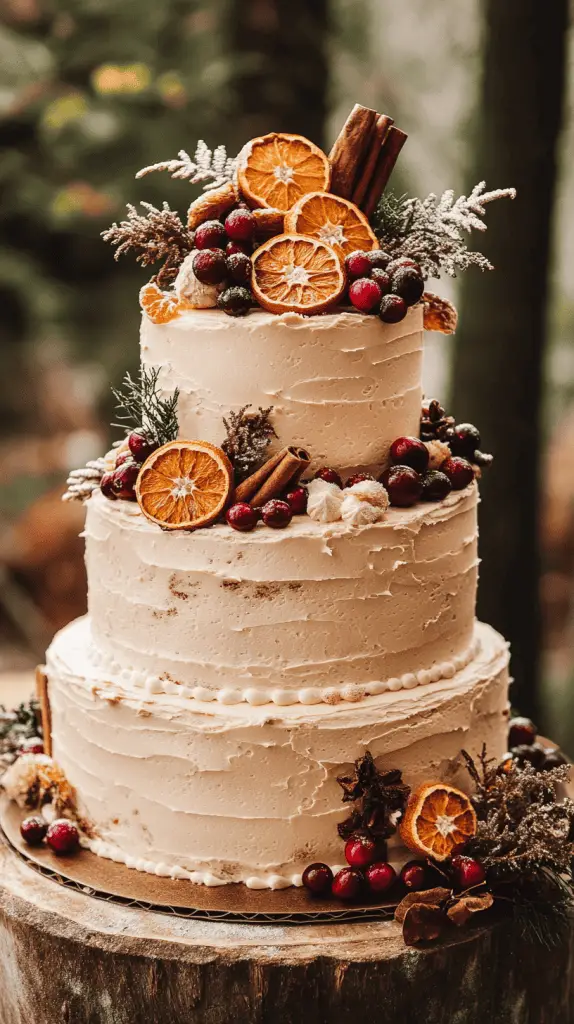 Three-tier spiced rustic wedding cake, rough-textured buttercream in earthy tones