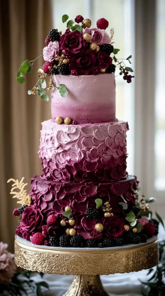Three-tier winter wedding cake with white buttercream icing, topped with frosted cranberries and blueberries