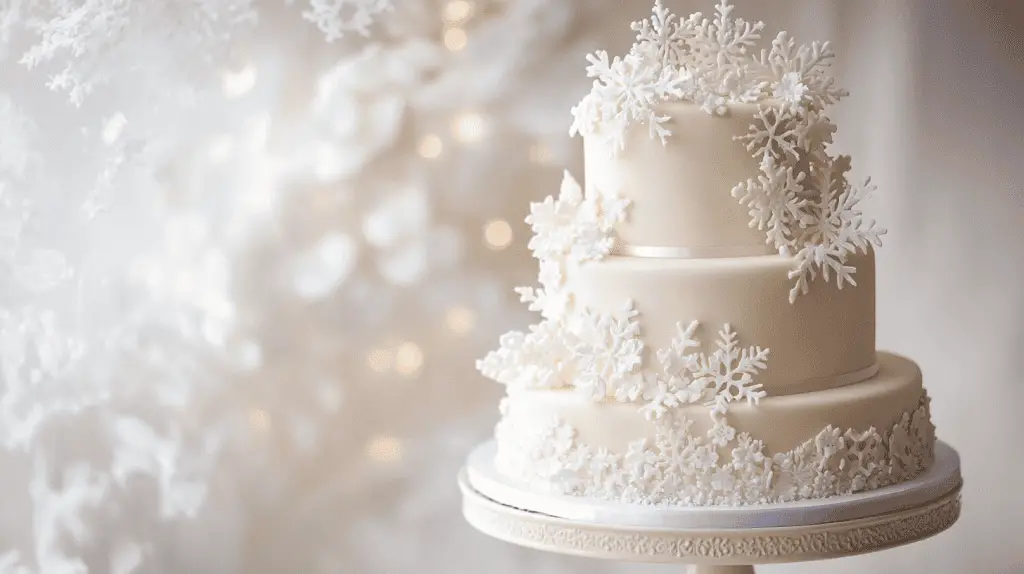 Three-tier winter wedding cake with pure white fondant, delicate snowflake motifs cascading down the sides