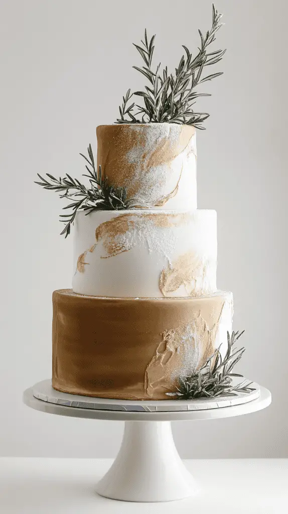 Three-tier holiday spice cake in alternating burgundy and cream buttercream layers