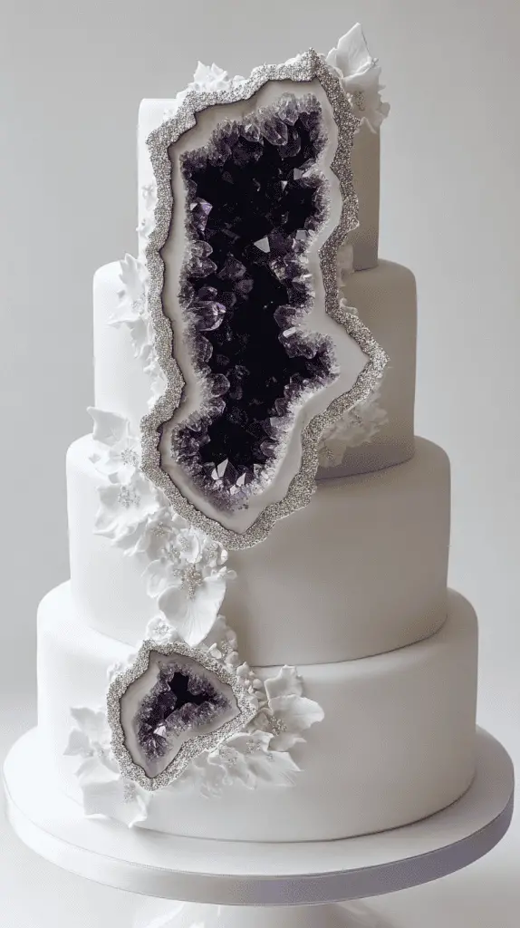 Three-tier winter wedding cake with smooth white fondant, large amethyst geode