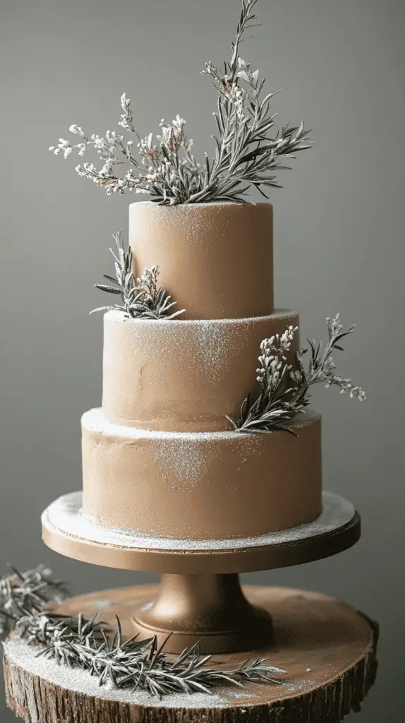 Three-tier holiday spice cake in alternating burgundy and cream buttercream layers