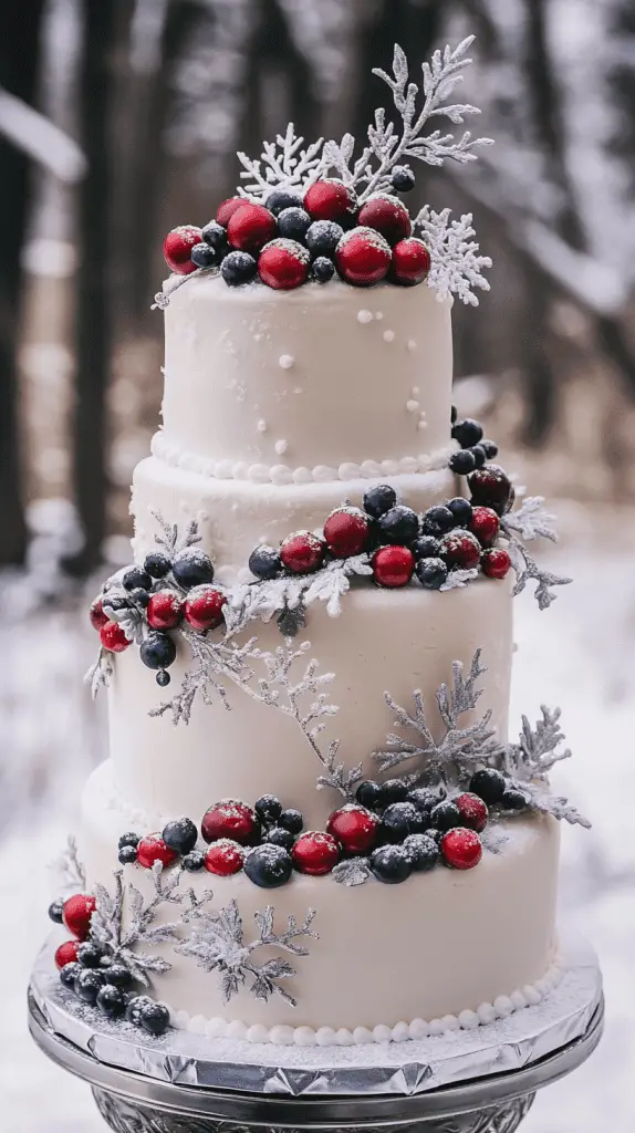 Three-tier winter wedding cake with white buttercream icing, topped with frosted cranberries and blueberries
