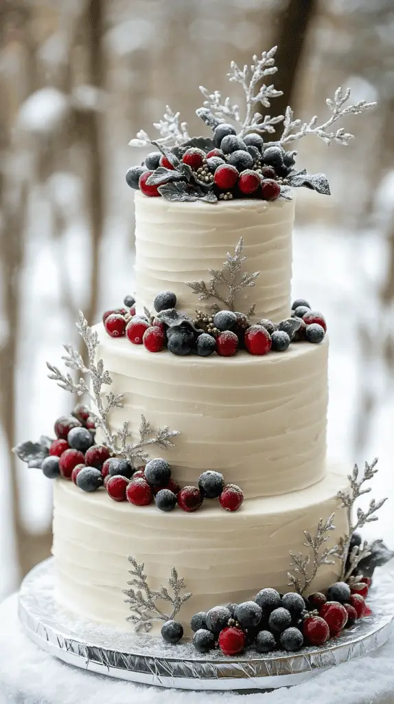 Three-tier winter wedding cake with white buttercream icing, topped with frosted cranberries and blueberries