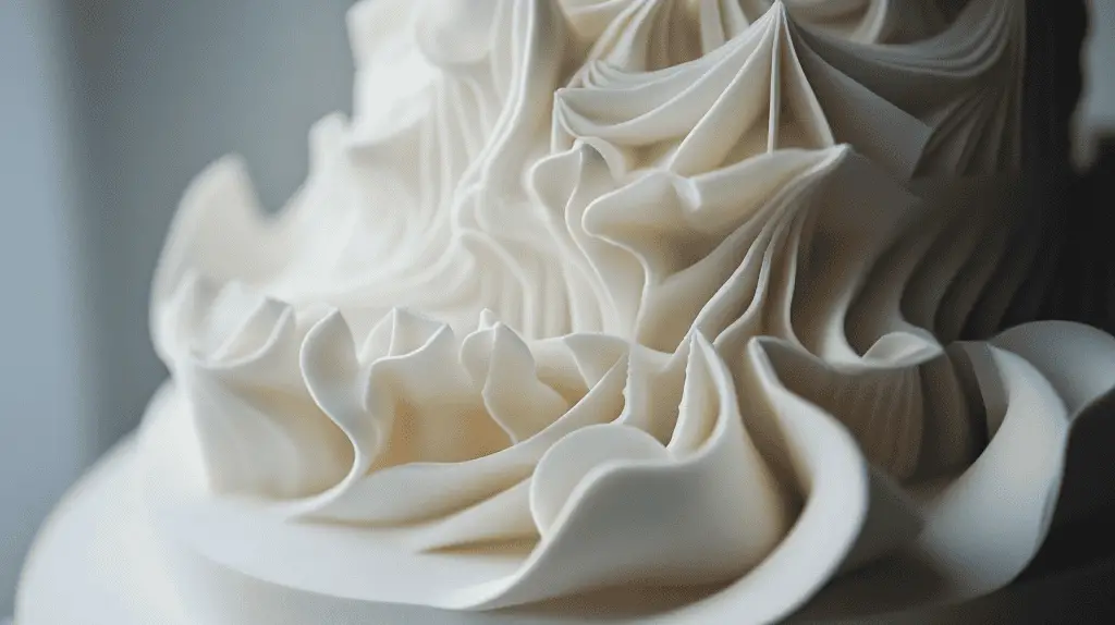 A futuristic 3D wedding cake with sculptural elements, featuring smooth and textured layers in bold geometric shapes and artistic patterns. The design incorporates intricate details created with 3D printing techniques, blending modern technology and traditional craftsmanship for a visually stunning and tactile masterpiece