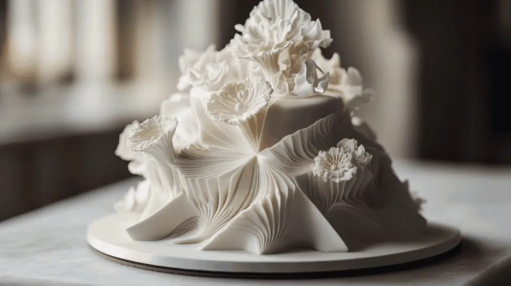 A futuristic 3D wedding cake with sculptural elements, featuring smooth and textured layers in bold geometric shapes and artistic patterns. The design incorporates intricate details created with 3D printing techniques, blending modern technology and traditional craftsmanship for a visually stunning and tactile masterpiece