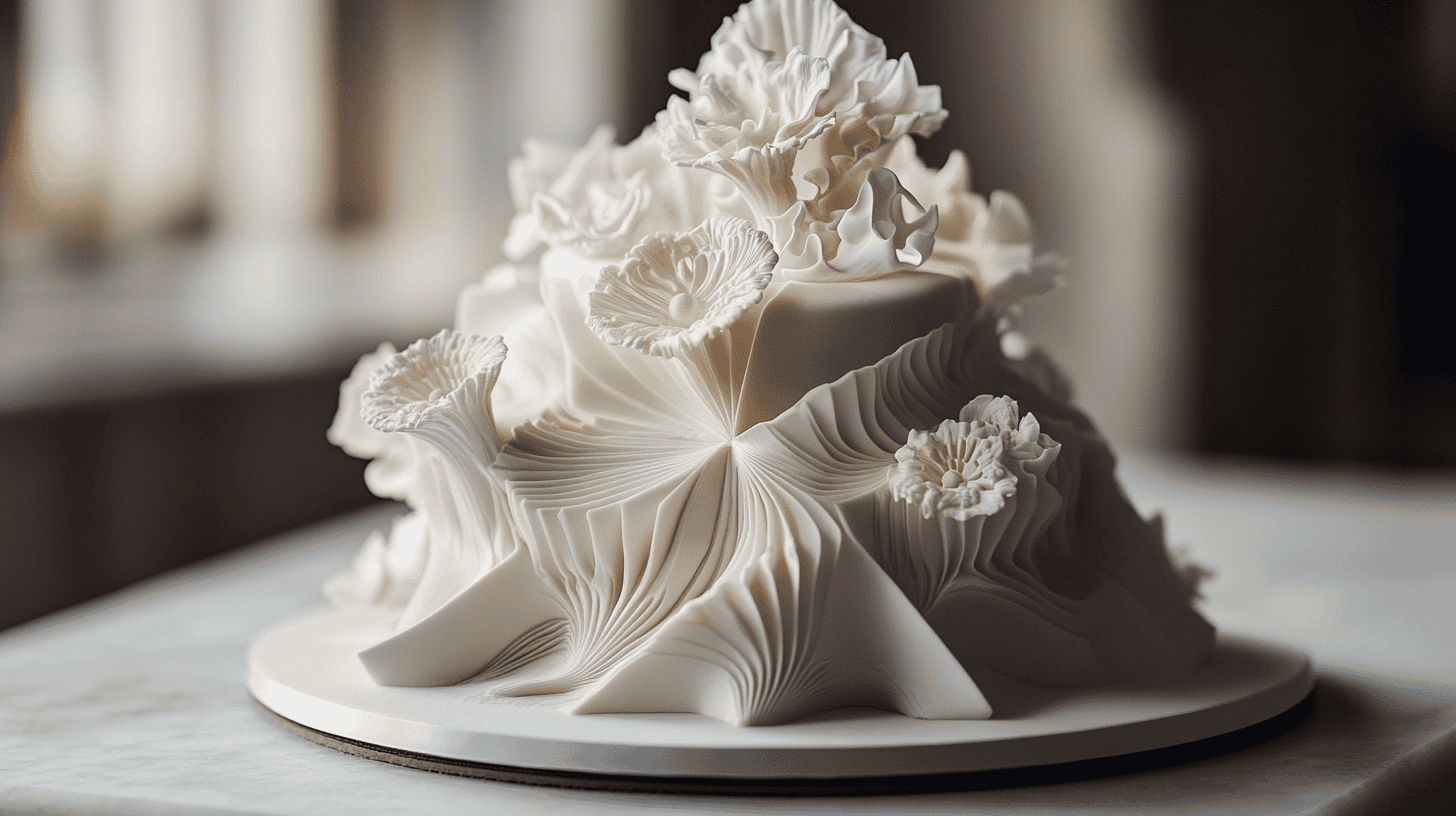 A futuristic 3D wedding cake with sculptural elements, featuring smooth and textured layers in bold geometric shapes and artistic patterns. The design incorporates intricate details created with 3D printing techniques, blending modern technology and traditional craftsmanship for a visually stunning and tactile masterpiece