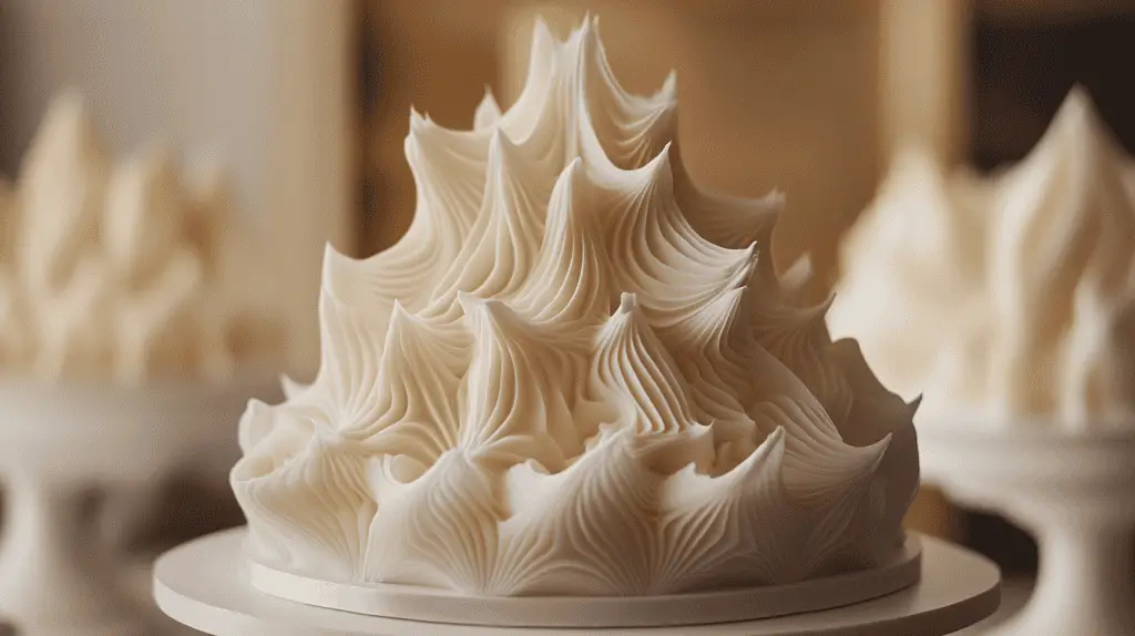 A futuristic 3D wedding cake with sculptural elements, featuring smooth and textured layers in bold geometric shapes and artistic patterns. The design incorporates intricate details created with 3D printing techniques, blending modern technology and traditional craftsmanship for a visually stunning and tactile masterpiece
