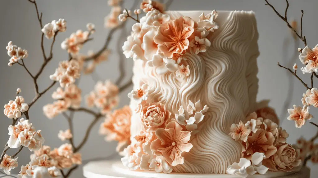A futuristic 3D wedding cake with sculptural elements, featuring smooth and textured layers in bold geometric shapes and artistic patterns. The design incorporates intricate details created with 3D printing techniques, blending modern technology and traditional craftsmanship for a visually stunning and tactile masterpiece