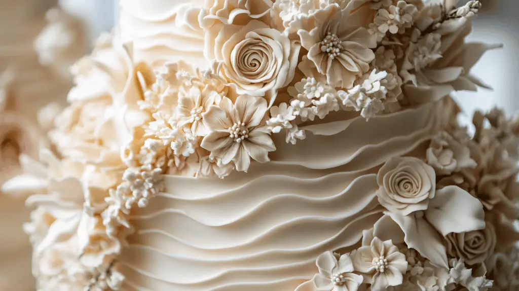 A futuristic 3D wedding cake with sculptural elements, featuring smooth and textured layers in bold geometric shapes and artistic patterns. The design incorporates intricate details created with 3D printing techniques, blending modern technology and traditional craftsmanship for a visually stunning and tactile masterpiece