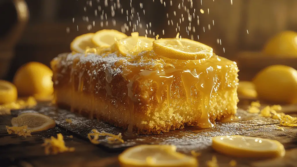 Moist lemon drizzle cake topped with tangy glaze and fresh lemon slices, showcasing vibrant flavor and timeless charm.