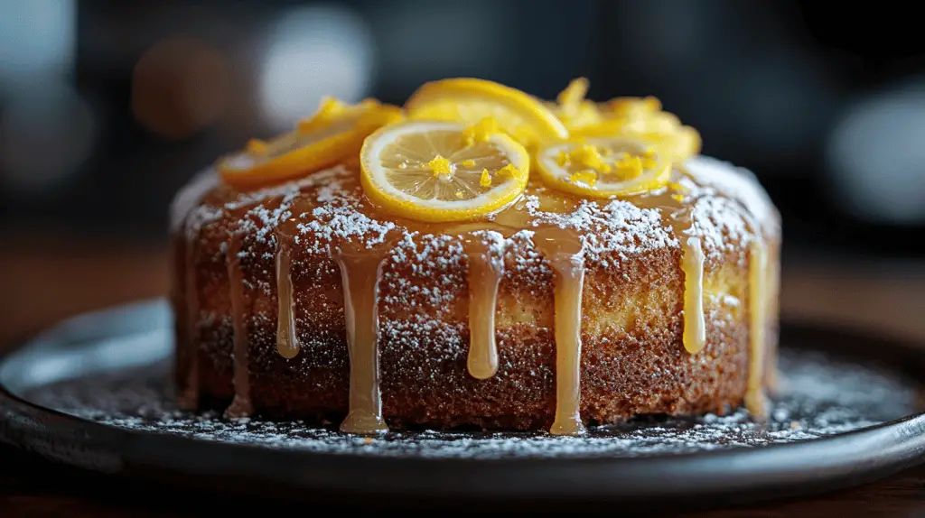 Moist lemon drizzle cake topped with tangy glaze and fresh lemon slices, showcasing vibrant flavor and timeless charm.