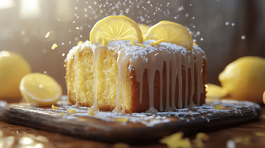 Moist lemon drizzle cake topped with tangy glaze and fresh lemon slices, showcasing vibrant flavor and timeless charm.