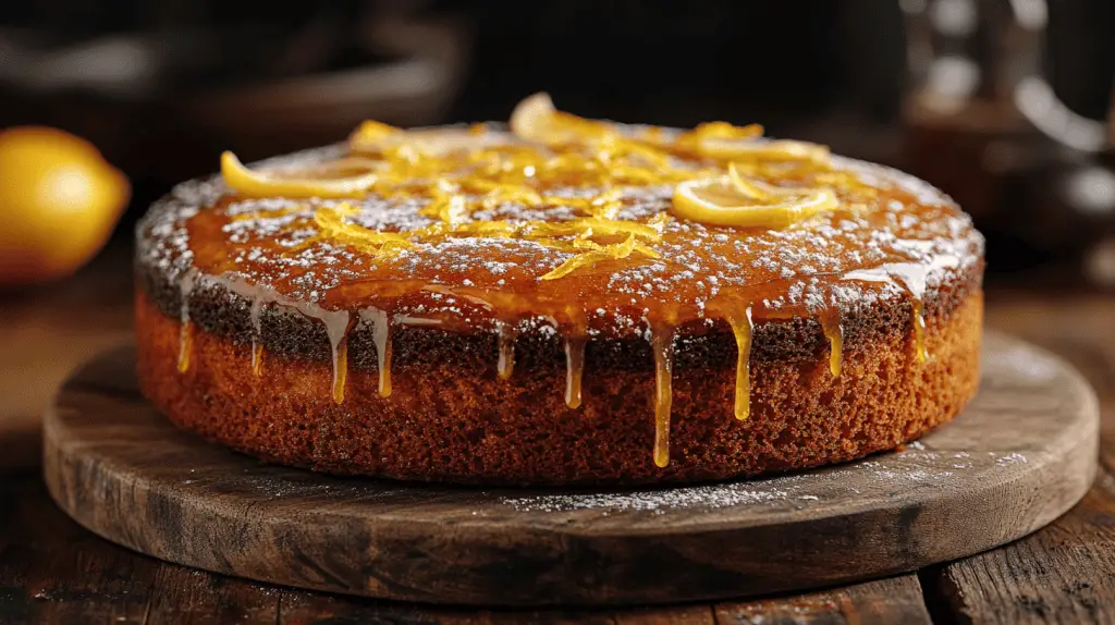 Moist lemon drizzle cake topped with tangy glaze and fresh lemon slices, showcasing vibrant flavor and timeless charm.