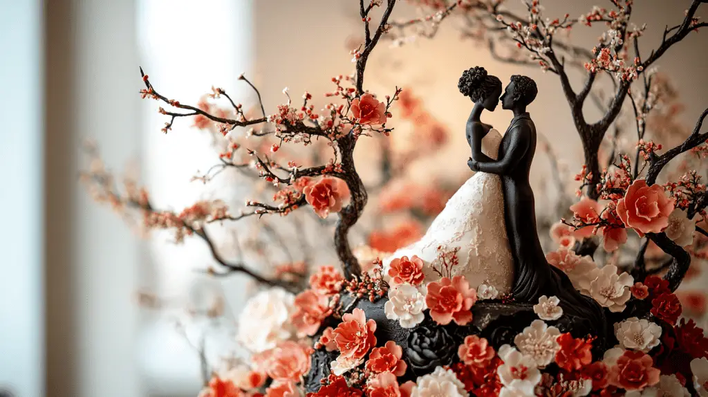 A personalized wedding cake that serves as a storytelling masterpiece, featuring custom motifs, meaningful symbols, and a unique silhouette that reflects the couple's journey. The design blends bold, artistic elements with sustainable touches like edible floral accents and natural textures, creating a one-of-a-kind centerpiece that captures individuality and creativity.