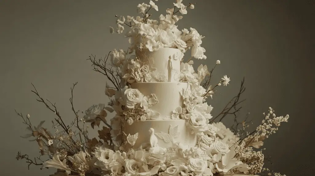 A personalized wedding cake that serves as a storytelling masterpiece, featuring custom motifs, meaningful symbols, and a unique silhouette that reflects the couple's journey. The design blends bold, artistic elements with sustainable touches like edible floral accents and natural textures, creating a one-of-a-kind centerpiece that captures individuality and creativity.
