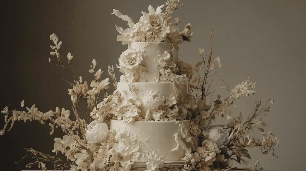 A personalized wedding cake that serves as a storytelling masterpiece, featuring custom motifs, meaningful symbols, and a unique silhouette that reflects the couple's journey. The design blends bold, artistic elements with sustainable touches like edible floral accents and natural textures, creating a one-of-a-kind centerpiece that captures individuality and creativity.