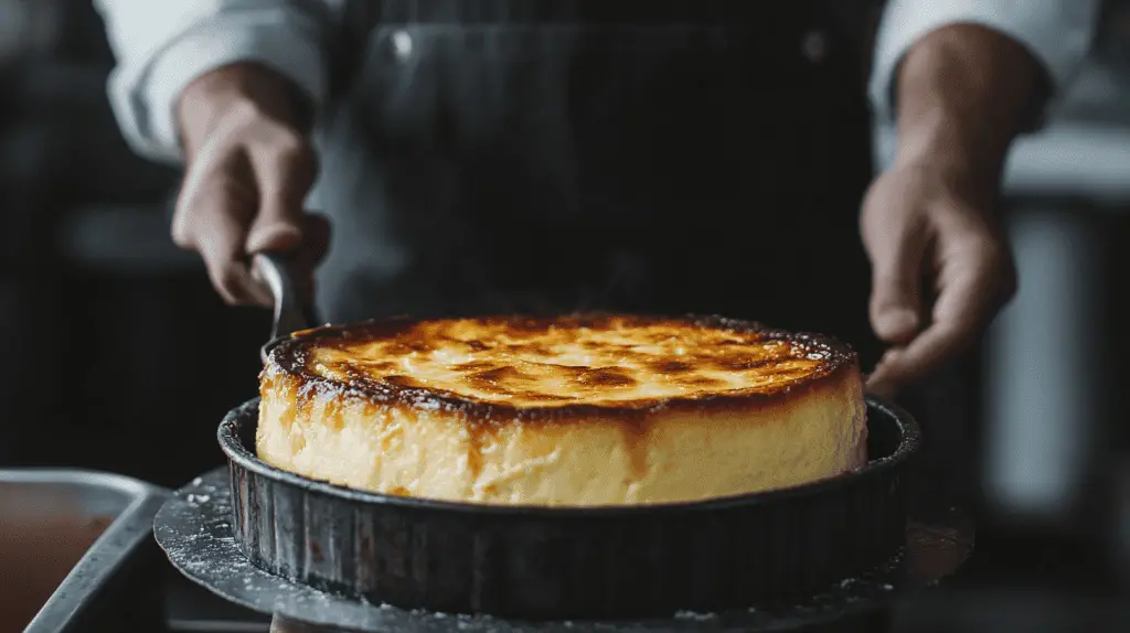 A rich and indulgent Basque burnt cheesecake featuring a perfectly caramelized, crackly top and a smooth, creamy interior. The cheesecake is displayed on parchment paper with rustic edges, highlighting its signature imperfect charm.