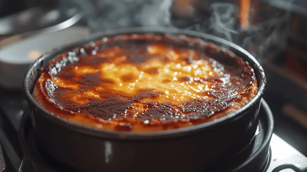 A rich and indulgent Basque burnt cheesecake featuring a perfectly caramelized, crackly top and a smooth, creamy interior. The cheesecake is displayed on parchment paper with rustic edges, highlighting its signature imperfect charm.