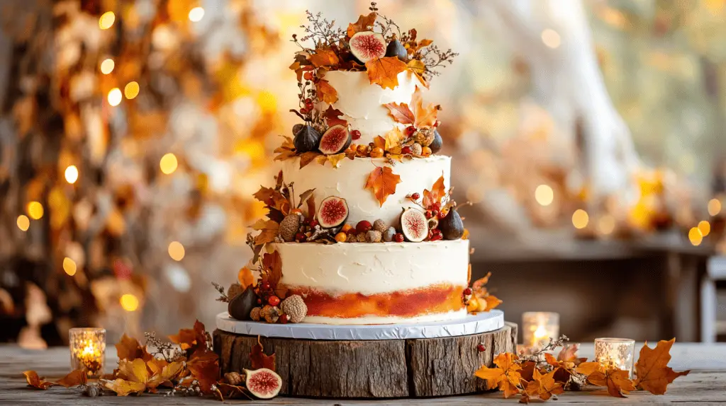 an elegant fall-themed wedding cake that embodies the warm and rich colors of autumn. The cake should feature deep reds, burnt oranges, and golden yellows, with intricate edible maple leaves, acorns, and rustic floral accents.