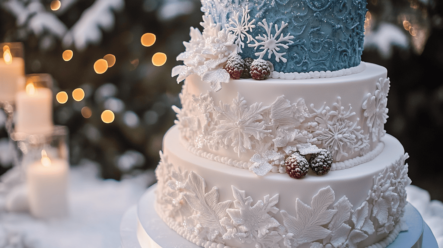 a stunning winter wedding cake that captures the elegance and enchantment of the season. The cake should feature frosty white and icy blue tones with intricate snowflake details, shimmering silver or gold accents, and delicate fondant textures that mimic snowdrifts and icicles.