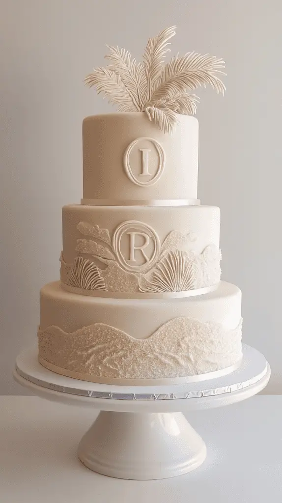 Front-facing beach wedding cake with monogrammed topper styled like carved sand, minimal sea glass and palm leaf details.
