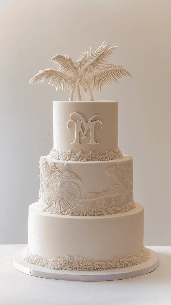 Front-facing beach wedding cake with monogrammed topper styled like carved sand, minimal sea glass and palm leaf details.