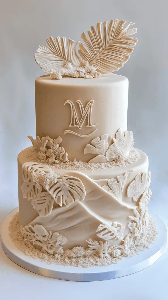 Front-facing beach wedding cake with monogrammed topper styled like carved sand, minimal sea glass and palm leaf details.