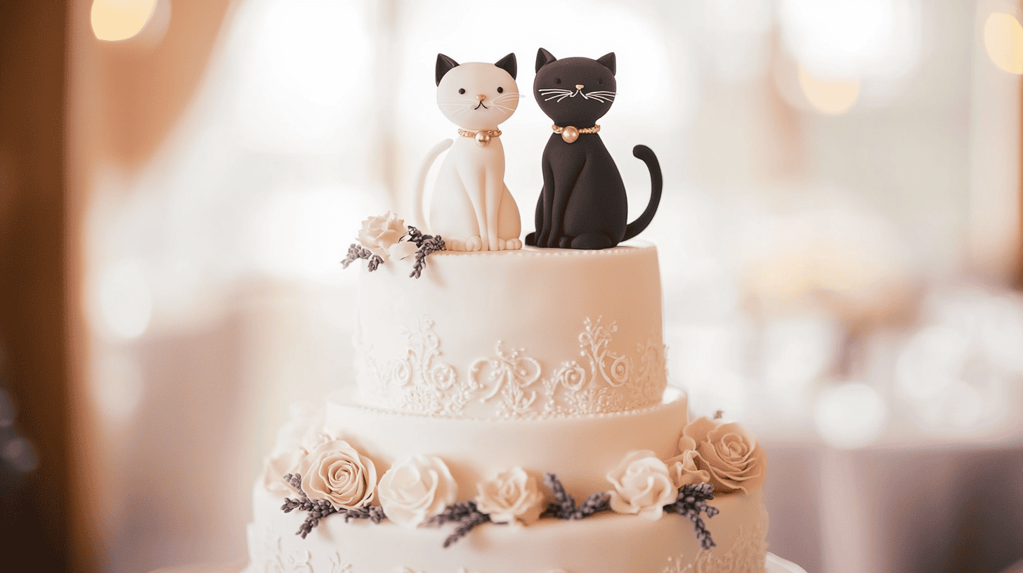 a charming and whimsical cat-themed wedding cake that reflects the couple’s love for felines. The cake should feature elegant white or pastel-colored tiers with minimalist cat silhouettes, delicate paw print patterns, or curled fondant tails as decorative accents.