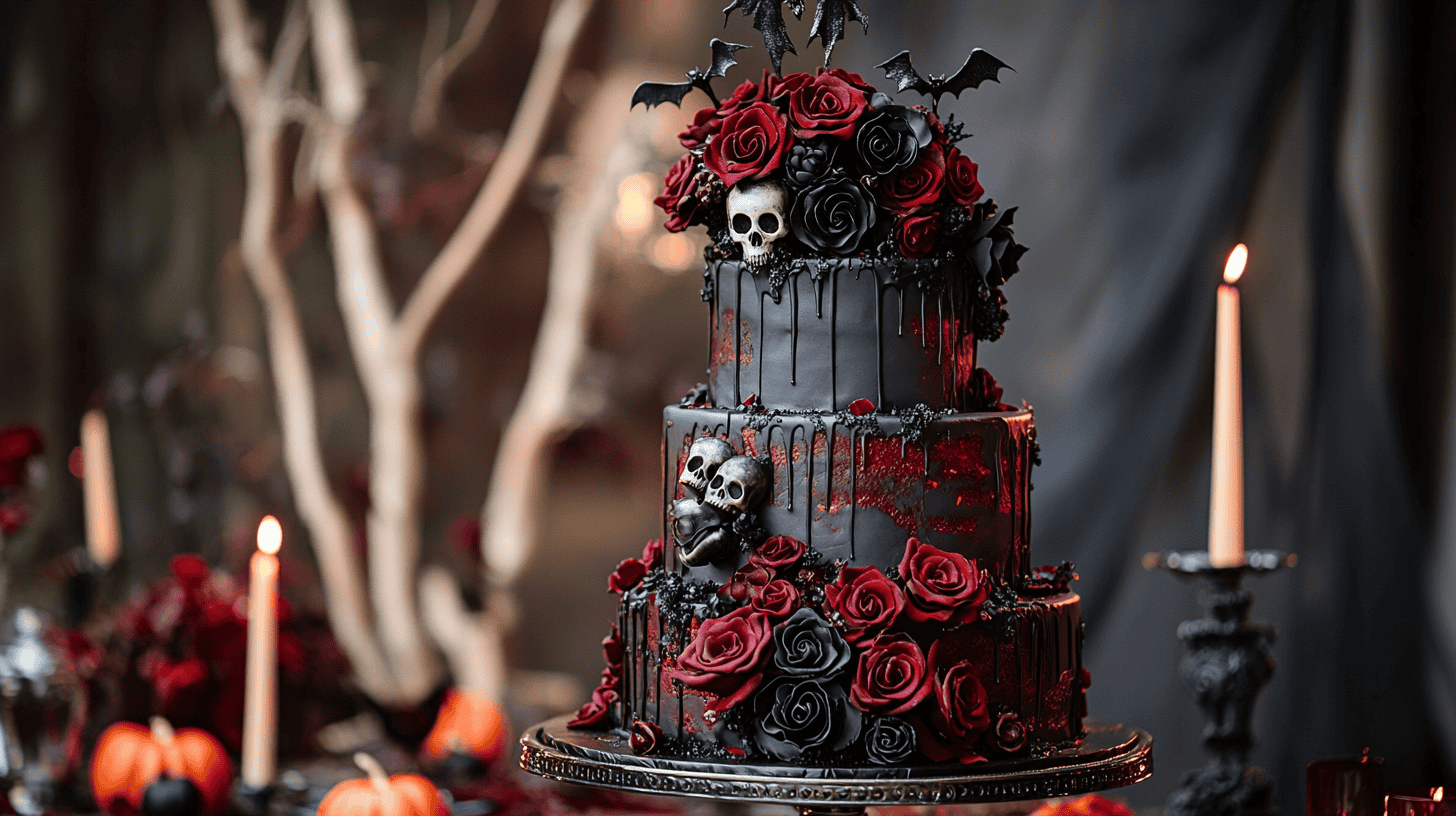 a dramatic and elegant Halloween-themed wedding cake featuring deep gothic colors like black, crimson, and deep purple. The cake should have bold design elements such as edible skulls, black roses, spiderweb lace, or dripping red ganache.