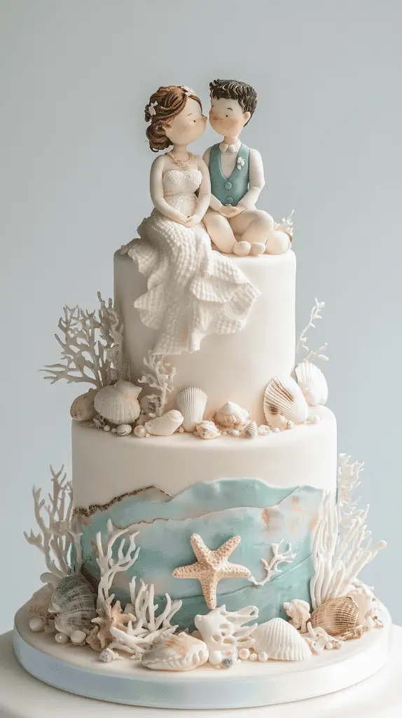 Front-facing beach wedding cake with bride and groom figurines in tropical attire, decorated with seashells and edible sand.