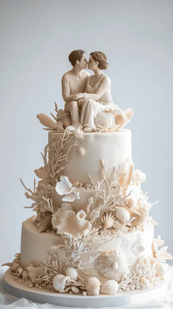 Front-facing beach wedding cake with bride and groom figurines in tropical attire, decorated with seashells and edible sand.