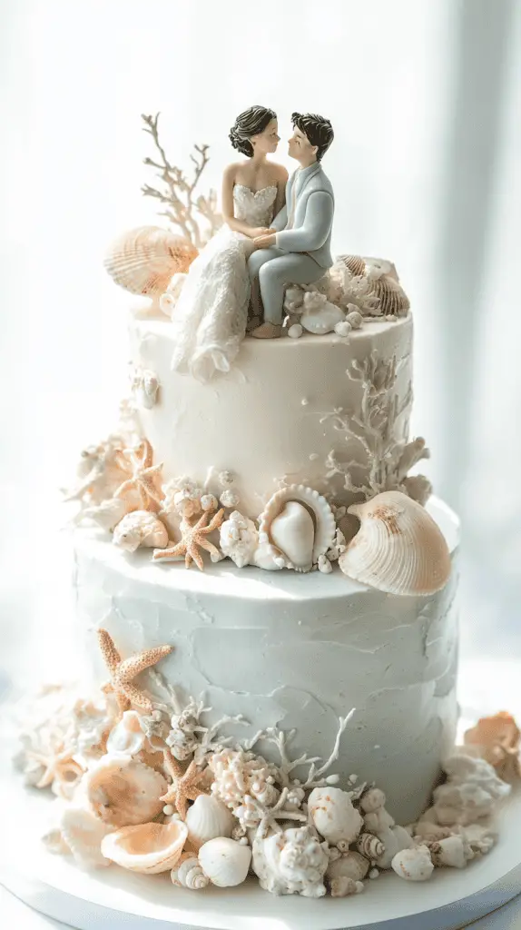 Front-facing beach wedding cake with bride and groom figurines in tropical attire, decorated with seashells and edible sand.