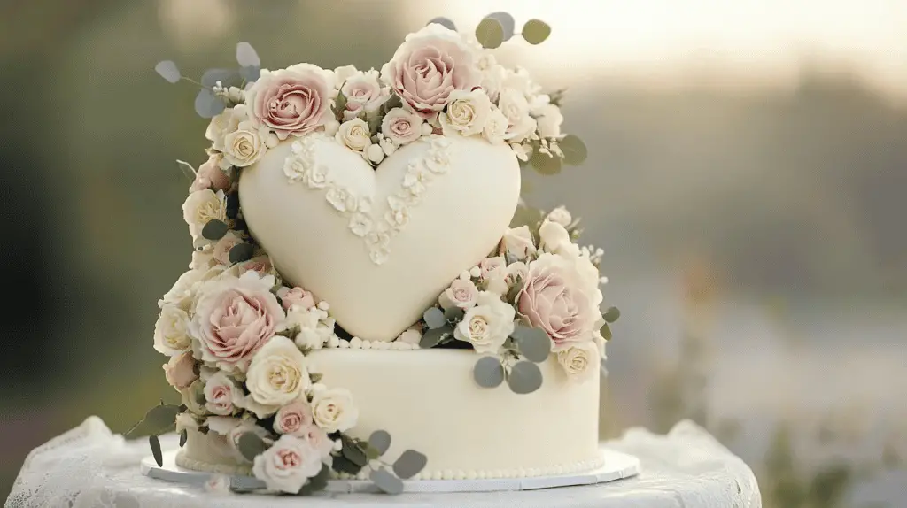 A beautifully detailed three-tier heart-shaped wedding cake with a clearly defined heart silhouette on each tier.