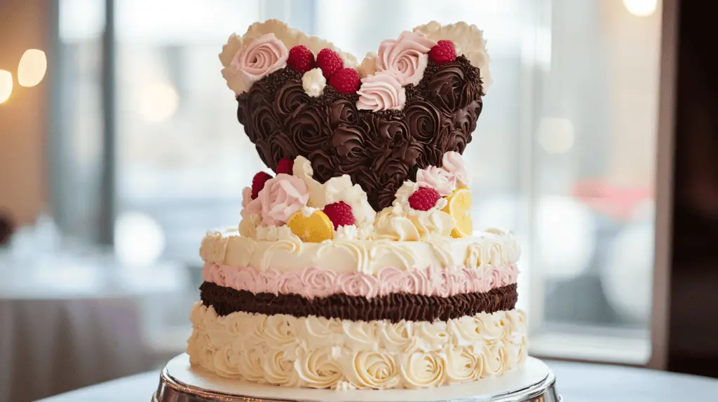 A beautifully styled heart-shaped wedding cake showcasing a variety of luxurious flavor inspirations.