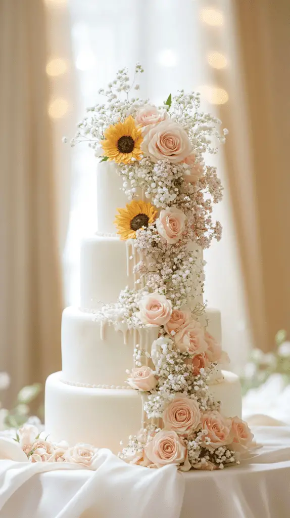 A three-tier white buttercream wedding cake with a vibrant floral cascade flowing from the top to the bottom tier.