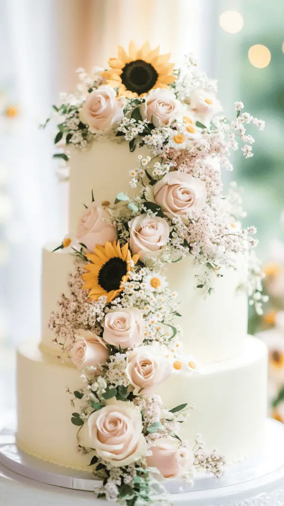A three-tier white buttercream wedding cake with a vibrant floral cascade flowing from the top to the bottom tier.