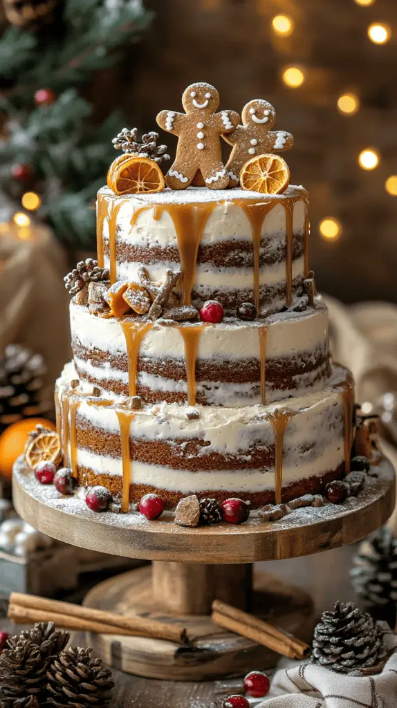 A sophisticated three-tier holiday drip cake in soft ivory and gold tones