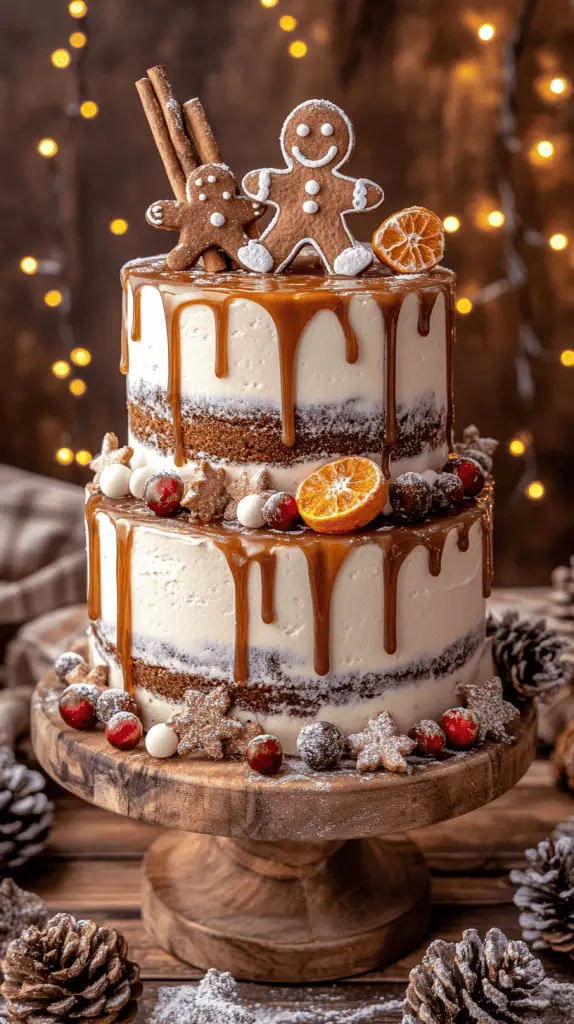 A sophisticated three-tier holiday drip cake in soft ivory and gold tones