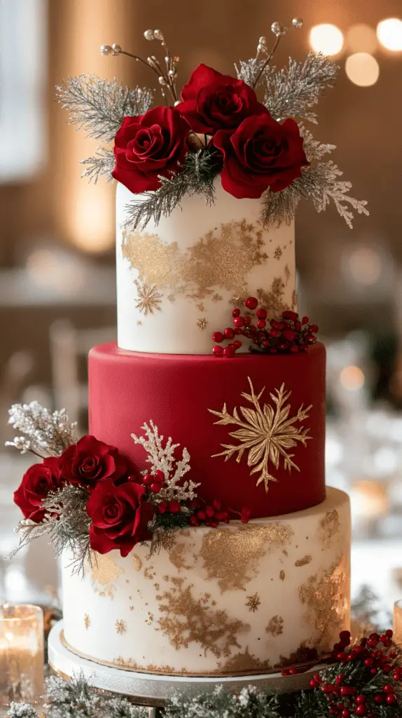 A three-tier Christmas wedding cake featuring smooth white fondant and classic red and green accents.