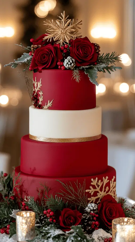 A three-tier Christmas wedding cake featuring smooth white fondant and classic red and green accents. 